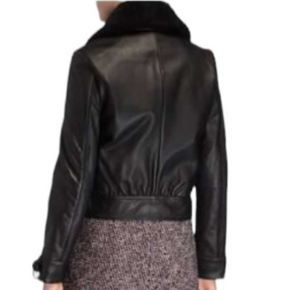 Maje Basara Leather Zip Front Shearling Collar Bomber Jacket, Size FR40 (US8) - Picture 3 of 7